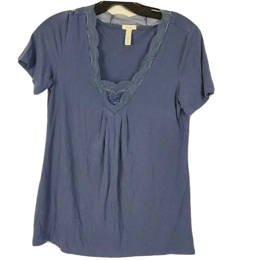Soma Cool Nights Pajama Top Shirt XS Blue Lace Neckline Short Sleeve Sleepwear